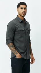 Camisa Utilitaria de Hombre - Cuello Clásico Abotonada con Bolsillos de Solapa | Ropa de Trabajo Casual Inteligente con Textura