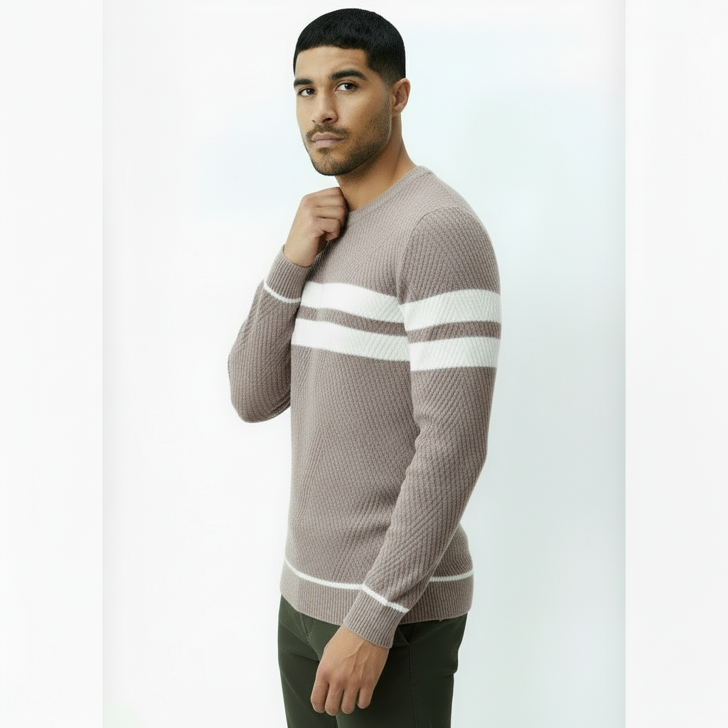 Herren-Rundhals-Pullover mit Streifendetail – Klassischer Strickpullover