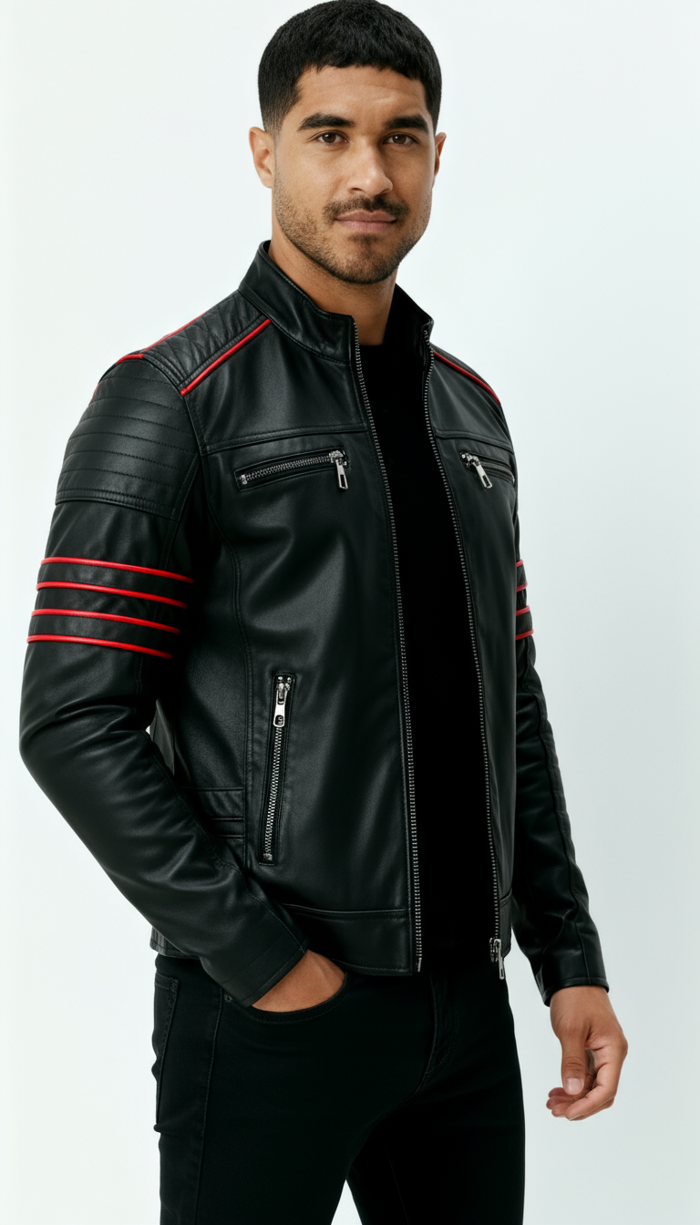 Chaqueta de piel negra para hombre - Chaqueta motera inspirada en Wolverine con detalles de rayas rojas
