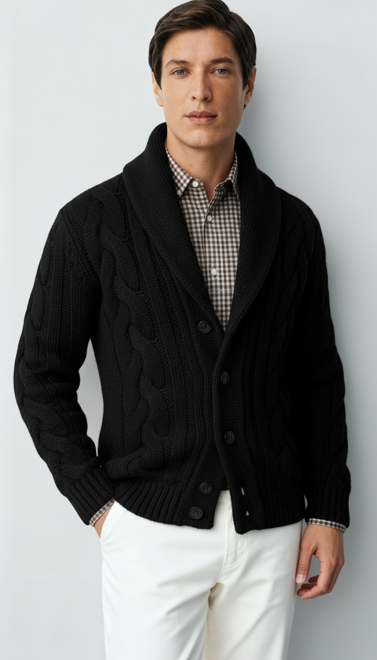 Herren Wollmischung Zopfmuster Strickcardigan – Schalkragen Knopfverschluss Pullover