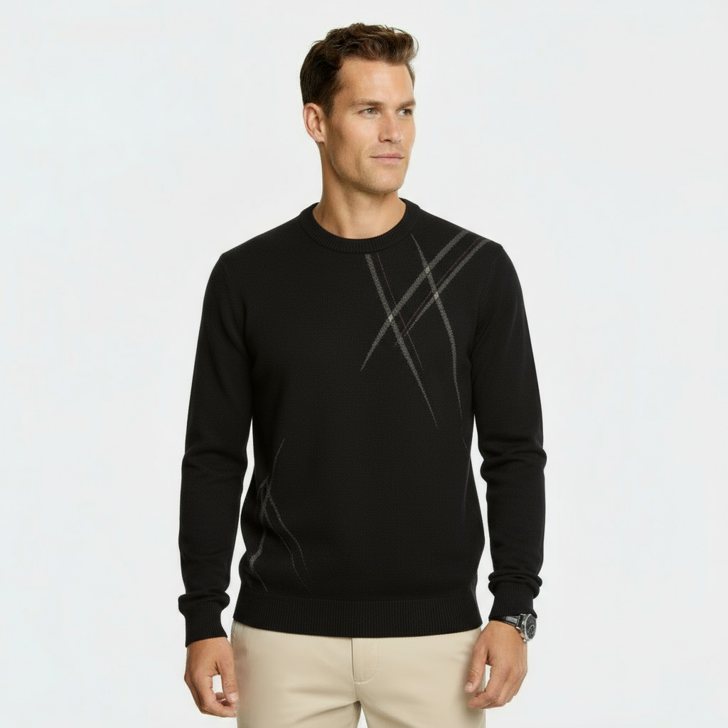 Pull en mélange de laine coupe slim pour homme - Pull-over tricoté à motif abstrait avec bords côtelés