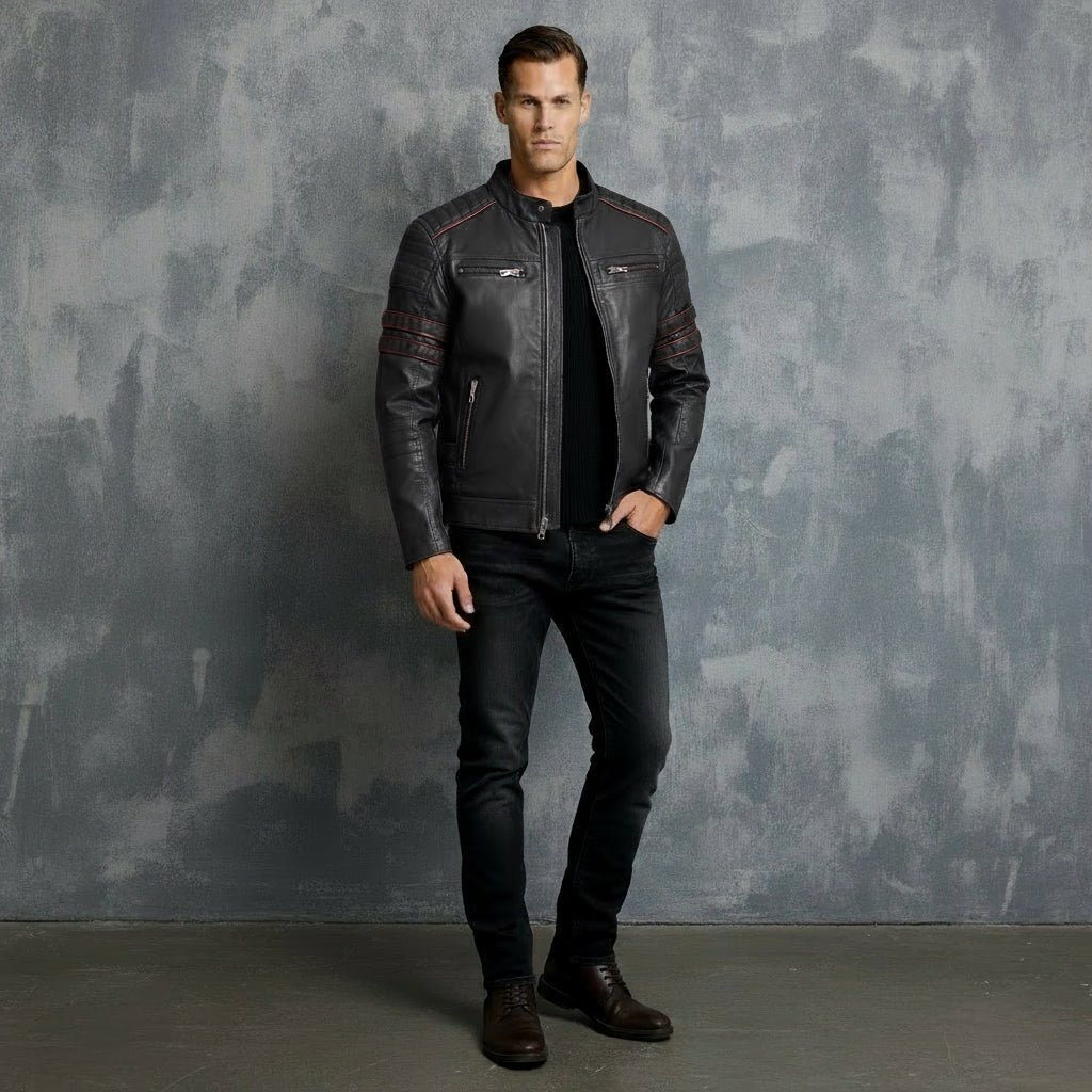 Herren-Bikerjacke – Stehkragen mit rotem Streifendetail & gesteppte Schultern | Stylische Slim-Fit-Motorradjacke