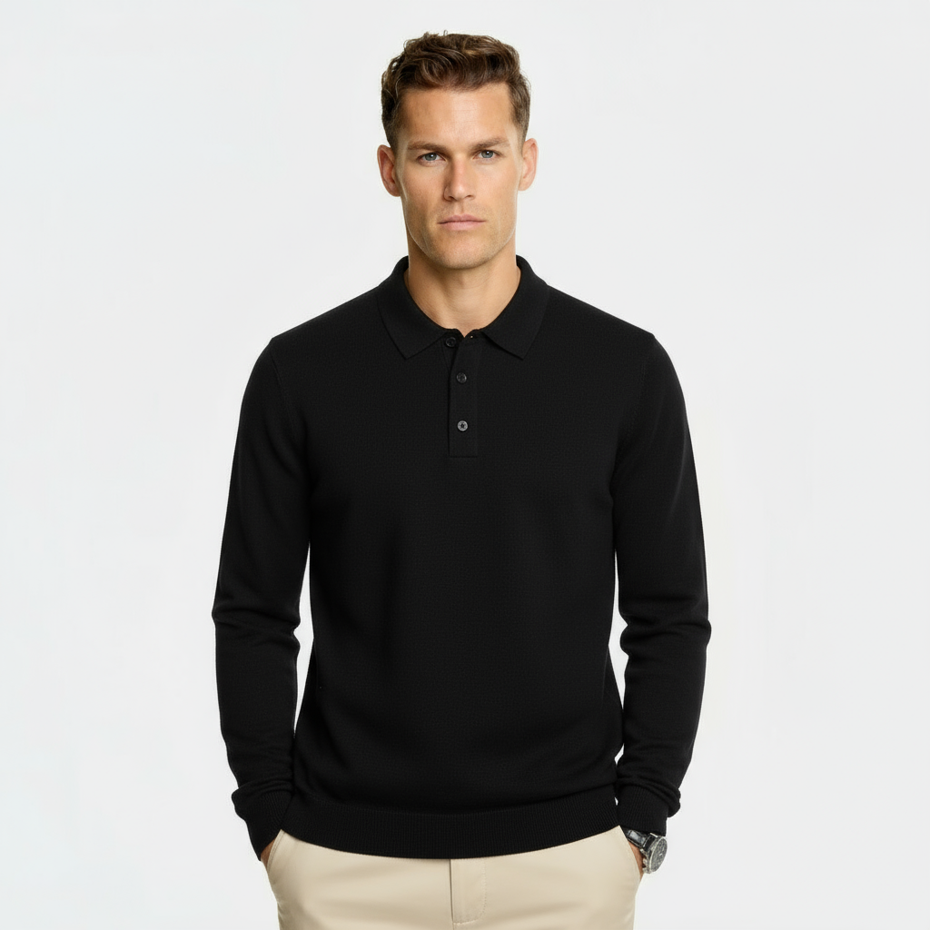 Herren Wollmischung Polo-Kragen Pullover – Regular Fit Strickpullover mit gerippten Kanten & Drei-Knopf-Leiste