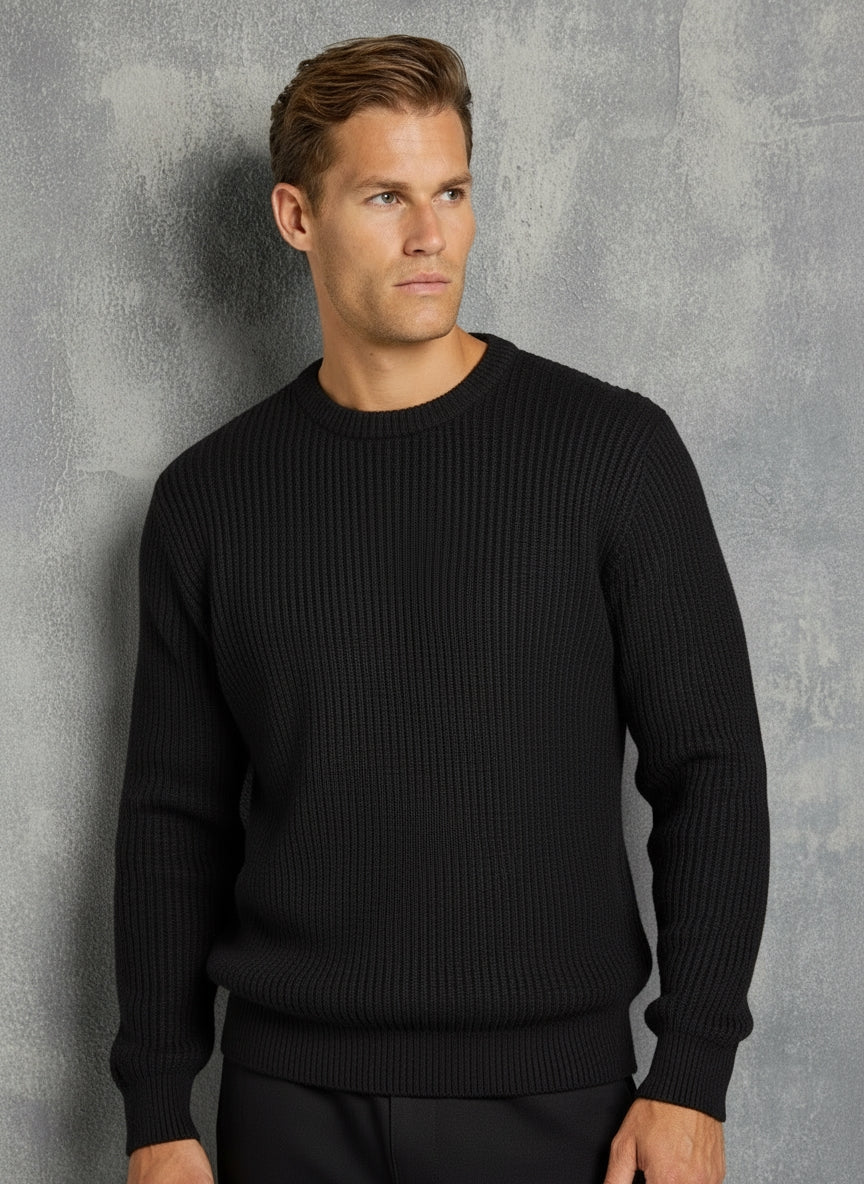 Jersey negro de punto acanalado para hombre - Suéter de punto con cuello redondo y ajuste relajado