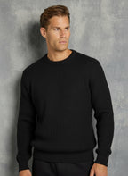 Jersey negro de punto acanalado para hombre - Suéter de punto con cuello redondo y ajuste relajado