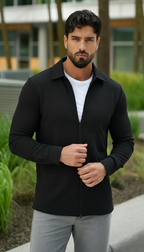 Chemise tissée texturée à manches longues pour homme – Chemise décontractée à fermeture éclair devant coupe régulière