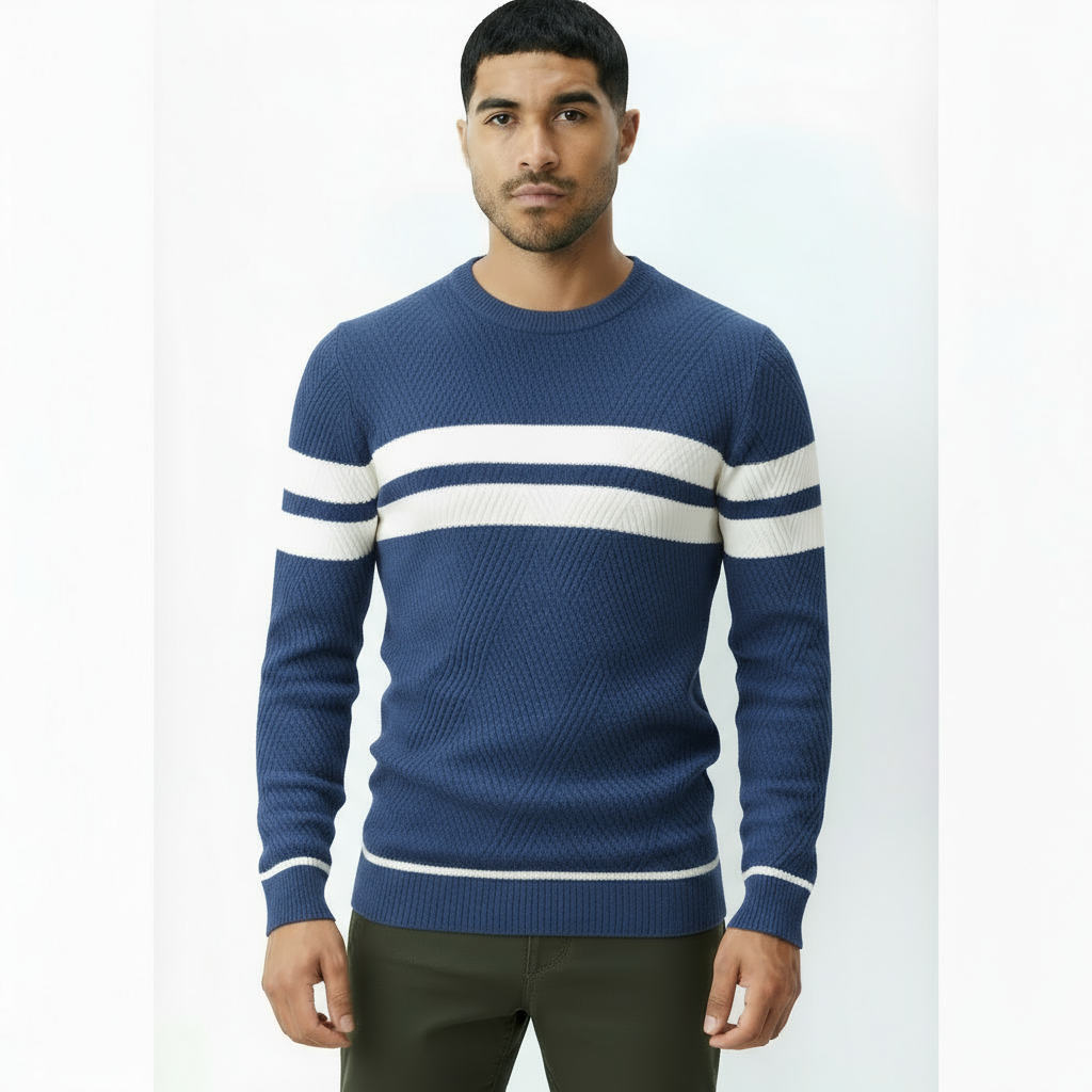 Herren-Rundhals-Pullover mit Streifendetail – Klassischer Strickpullover