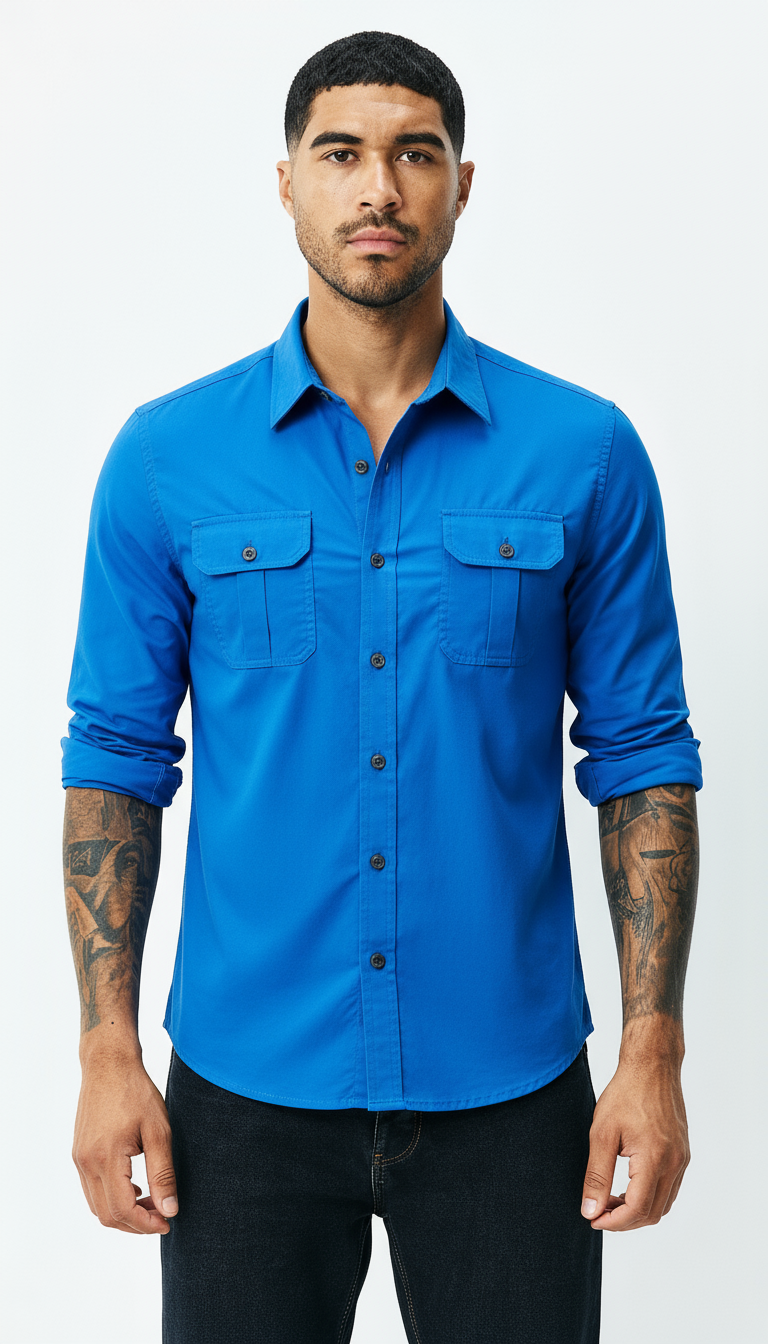 Men’s Utility Shirt – Classic Collar Button-Up with Flap Pockets | Textured Smart Casual Workwear