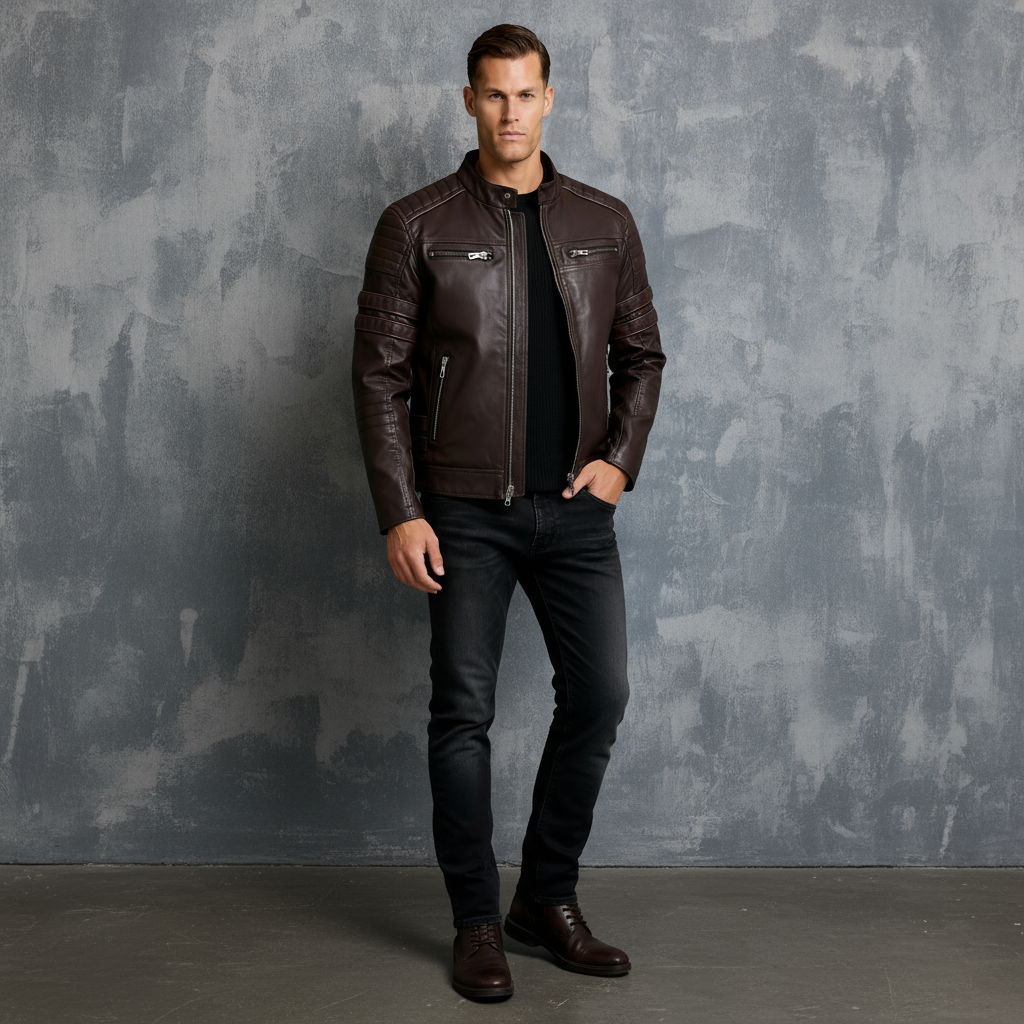 Herren-Bikerjacke – Stehkragen mit rotem Streifendetail & gesteppte Schultern | Stylische Slim-Fit-Motorradjacke