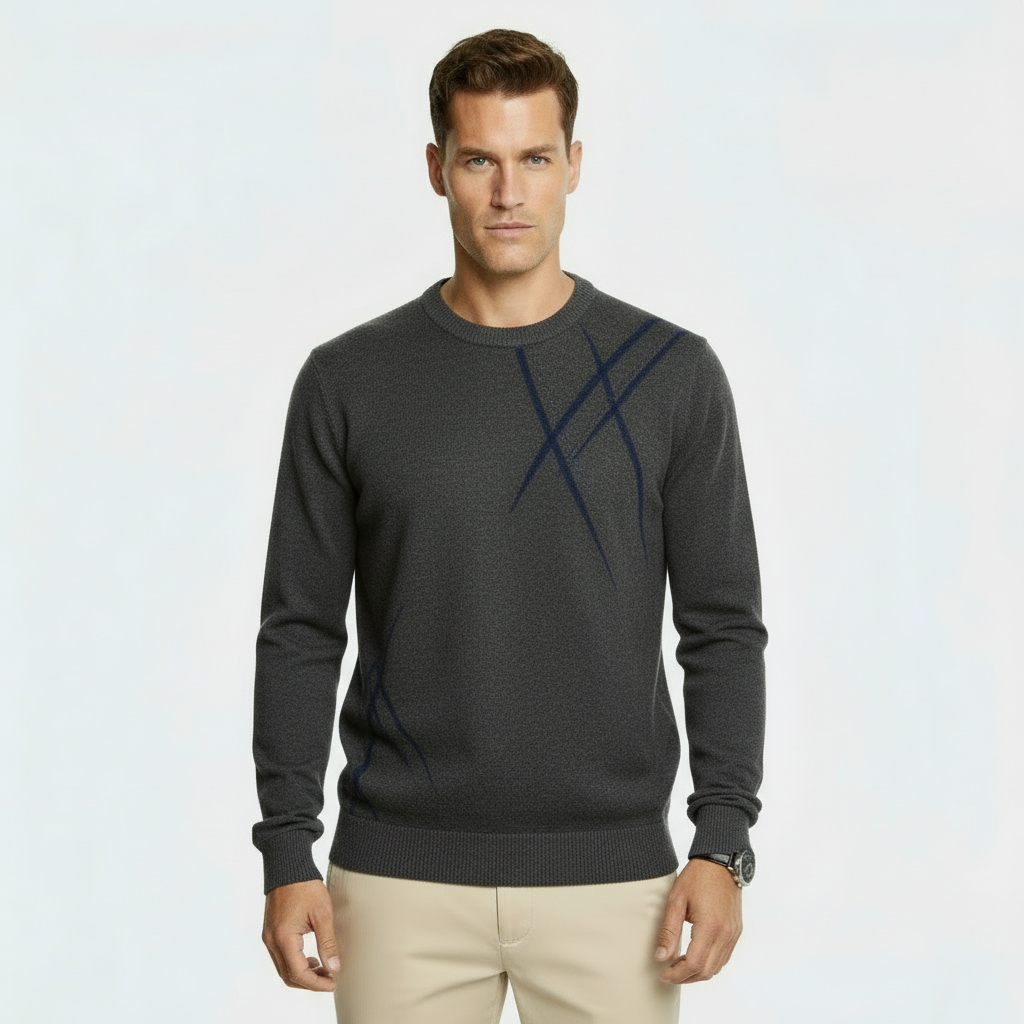Pull en mélange de laine coupe slim pour homme - Pull-over tricoté à motif abstrait avec bords côtelés