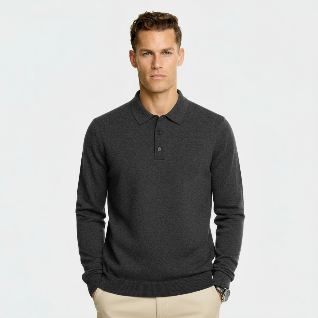 Herren Wollmischung Polo-Kragen Pullover – Regular Fit Strickpullover mit gerippten Kanten & Drei-Knopf-Leiste