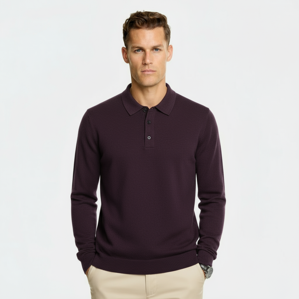 Men’s Wool Blend Polo Collar Sweater – Regular Fit Knit Pullover with Ribbed Edges & Three-Button Placket