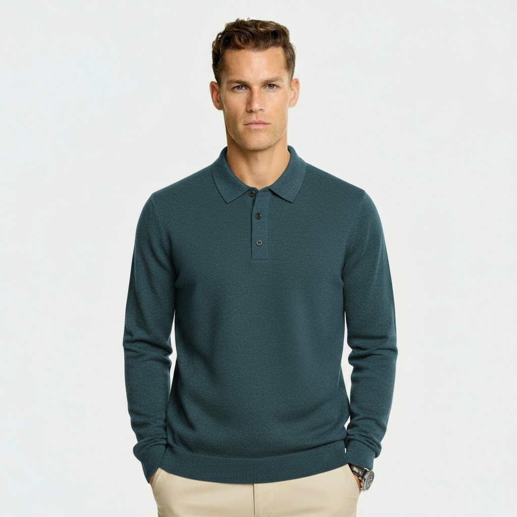 Herren Wollmischung Polo-Kragen Pullover – Regular Fit Strickpullover mit gerippten Kanten & Drei-Knopf-Leiste