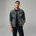 Herren-Graue Truckerjacke - Klassischer Denim-Stil mit Knopfleiste und Brusttaschen
