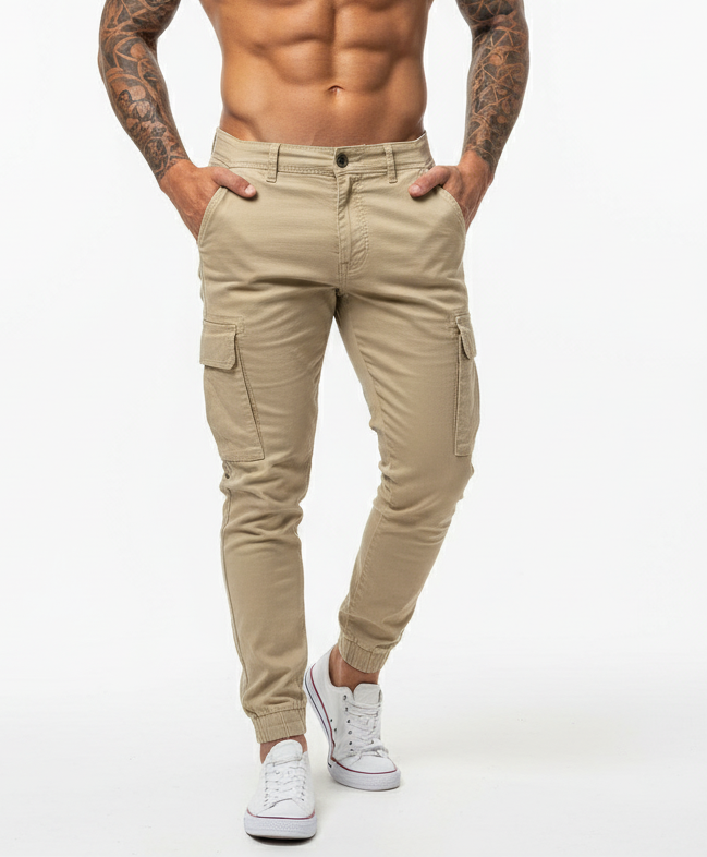 Men’s Cargo Trousers – Drawstring Waist & Elasticated Cuffs | Tapered Fit Utility Pants with Multi Pockets