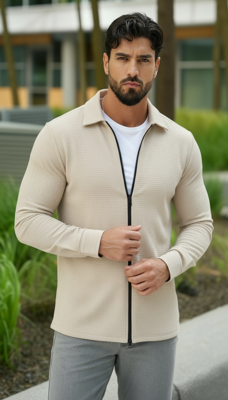Chemise tissée texturée à manches longues pour homme – Chemise décontractée à fermeture éclair devant coupe régulière