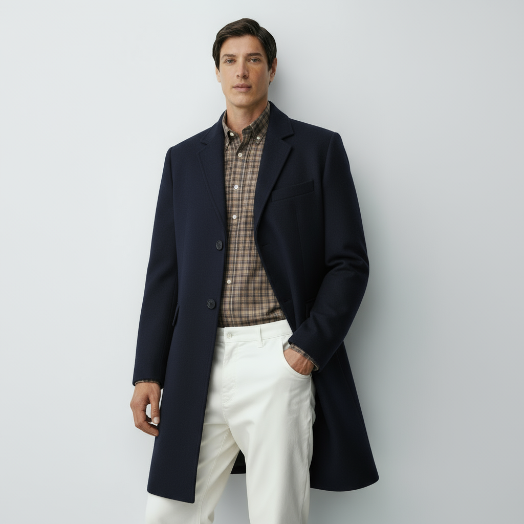 Manteau classique pour homme avec col cranté et devant à simple boutonnage – Manteau mi-long élégant