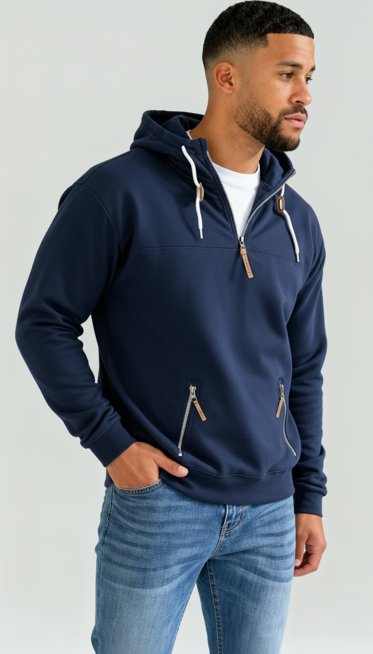 Sweat à capuche homme demi-zip - Capuche ajustable avec cordon et coupe confortable et épurée