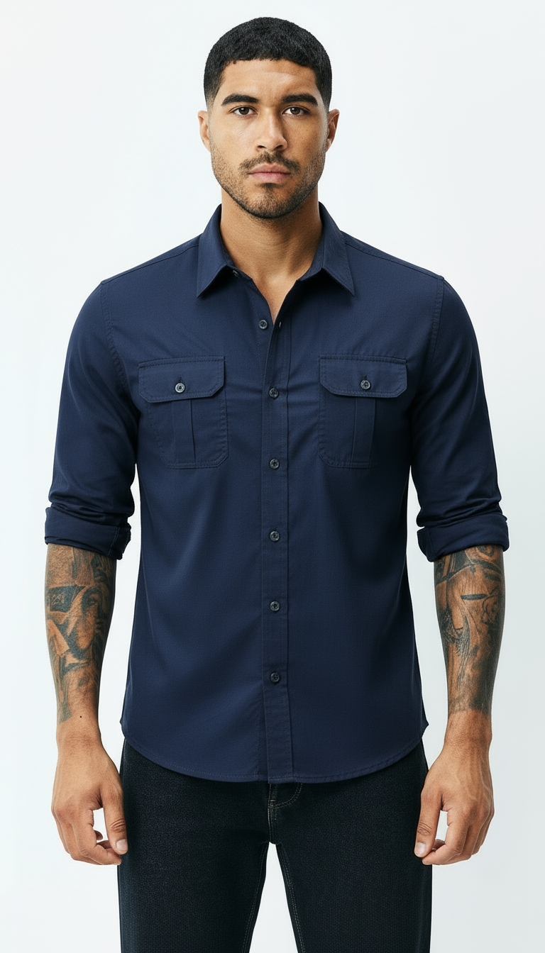 Men’s Utility Shirt – Classic Collar Button-Up with Flap Pockets | Textured Smart Casual Workwear