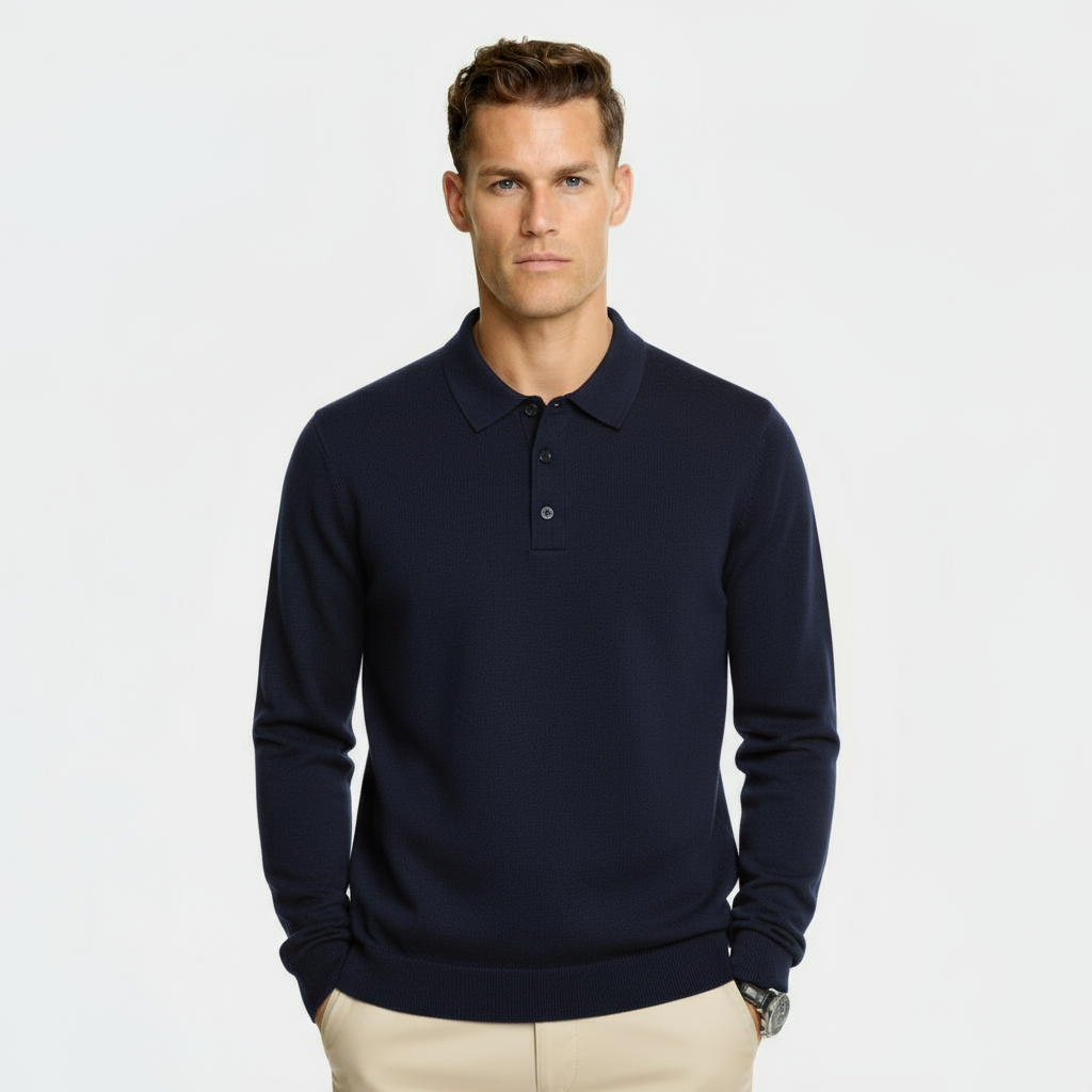 Herren Wollmischung Polo-Kragen Pullover – Regular Fit Strickpullover mit gerippten Kanten & Drei-Knopf-Leiste