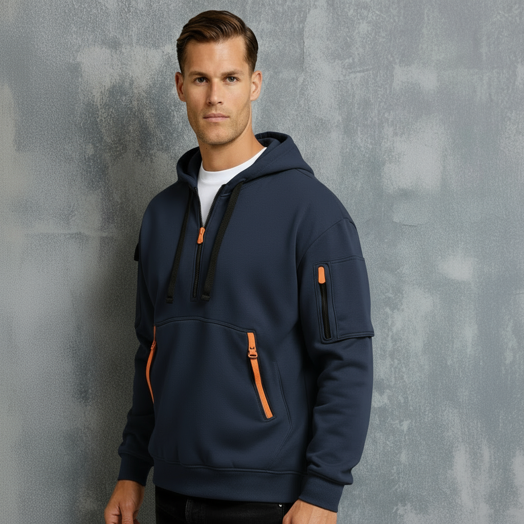 Herren-Hoodie mit Reißverschluss am Hals und mehreren Taschen – Lässiger, funktionaler Pullover