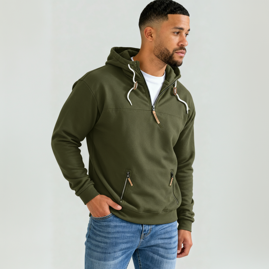 Sweat à capuche homme demi-zip - Capuche ajustable avec cordon et coupe confortable et épurée