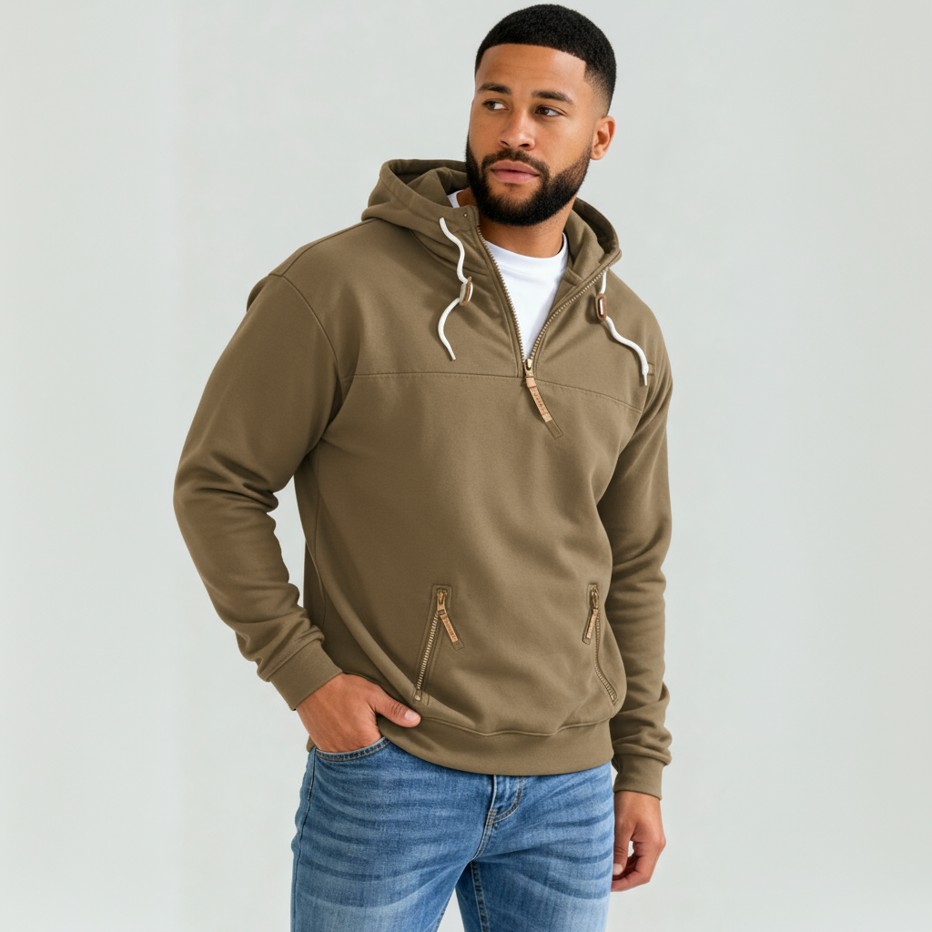 Sweat à capuche homme demi-zip - Capuche ajustable avec cordon et coupe confortable et épurée