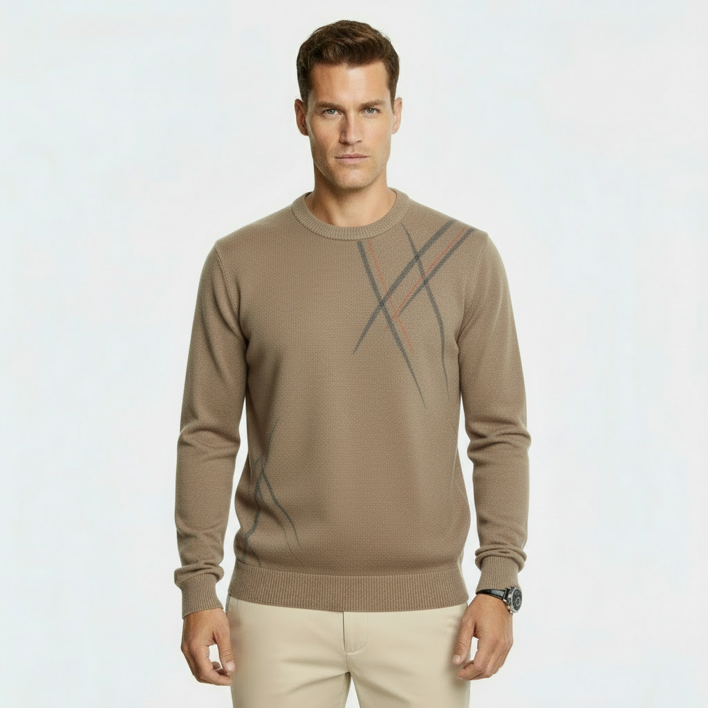 Pull en mélange de laine coupe slim pour homme - Pull-over tricoté à motif abstrait avec bords côtelés