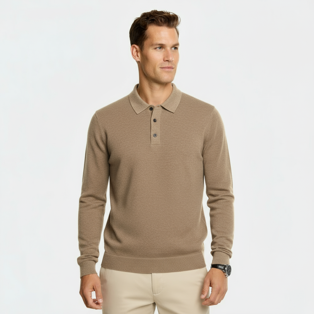 Men’s Wool Blend Polo Collar Sweater – Regular Fit Knit Pullover with Ribbed Edges & Three-Button Placket