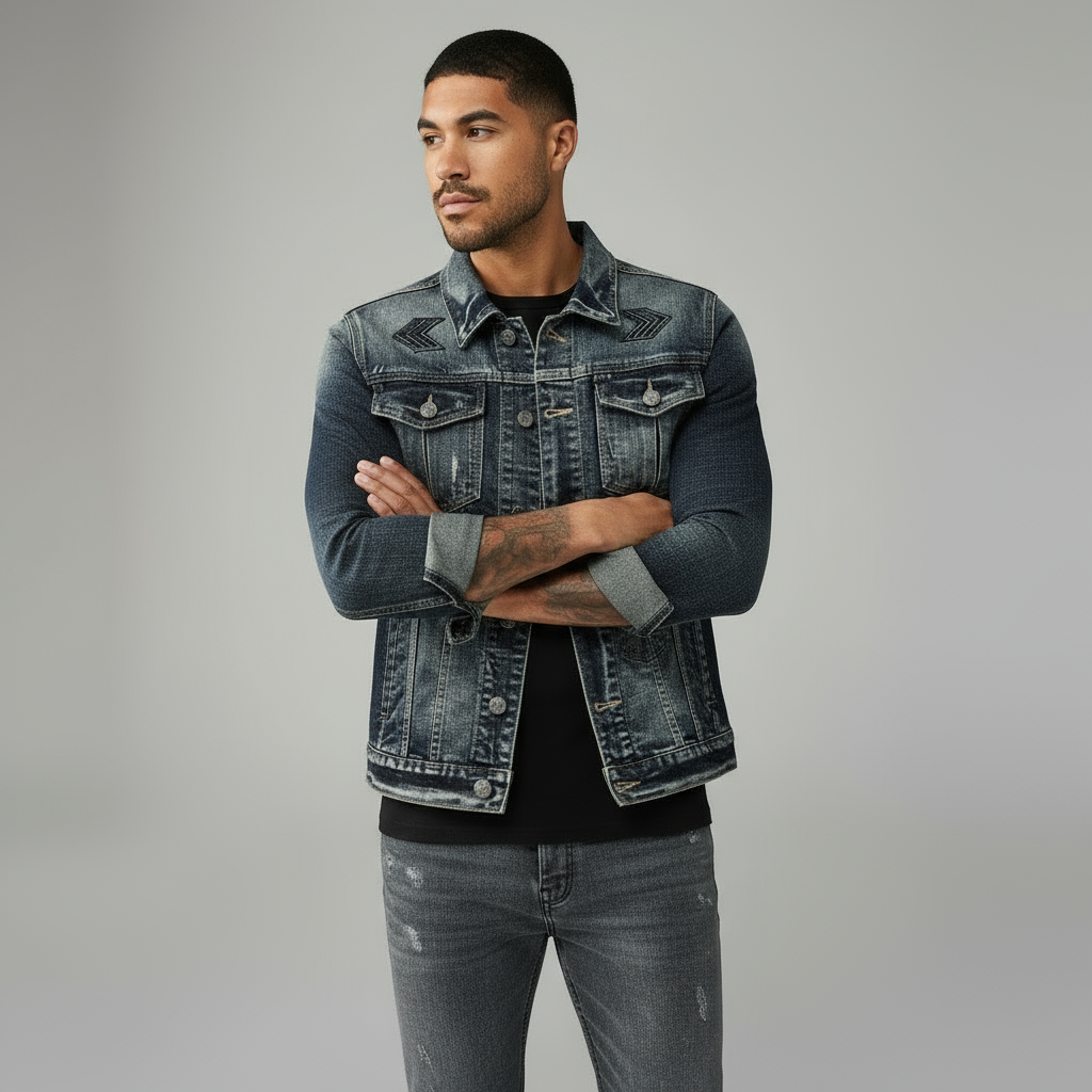 Herren-Graue Truckerjacke - Klassischer Denim-Stil mit Knopfleiste und Brusttaschen