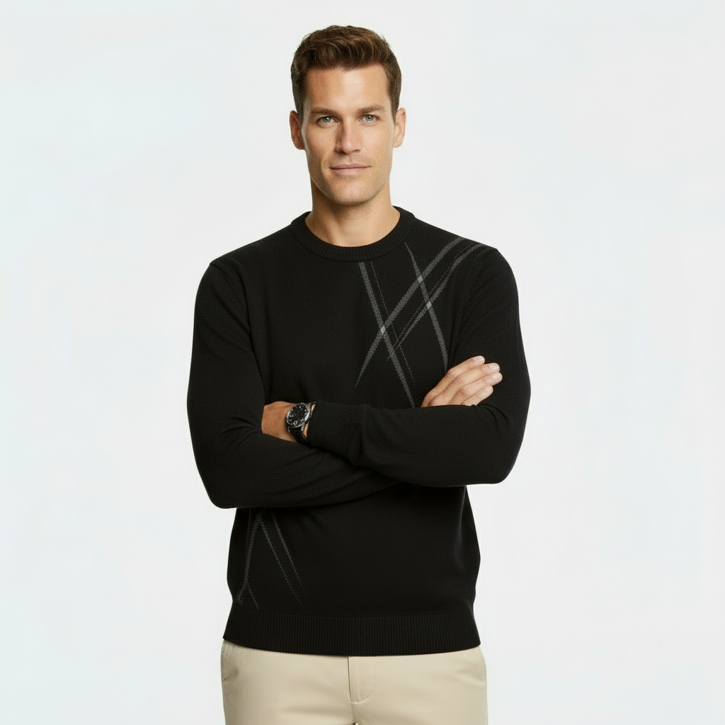 Pull en mélange de laine coupe slim pour homme - Pull-over tricoté à motif abstrait avec bords côtelés