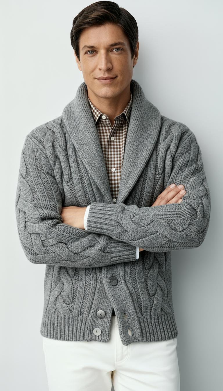 Herren Wollmischung Zopfmuster Strickcardigan – Schalkragen Knopfverschluss Pullover