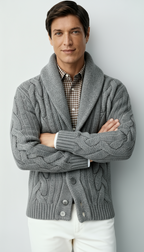 Herren Wollmischung Zopfmuster Strickcardigan – Schalkragen Knopfverschluss Pullover