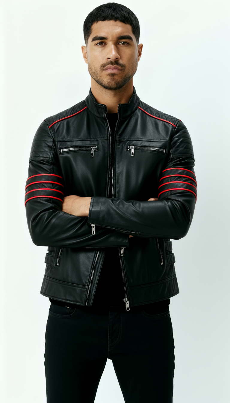 Chaqueta de piel negra para hombre - Chaqueta motera inspirada en Wolverine con detalles de rayas rojas