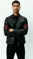 Chaqueta de piel negra para hombre - Chaqueta motera inspirada en Wolverine con detalles de rayas rojas