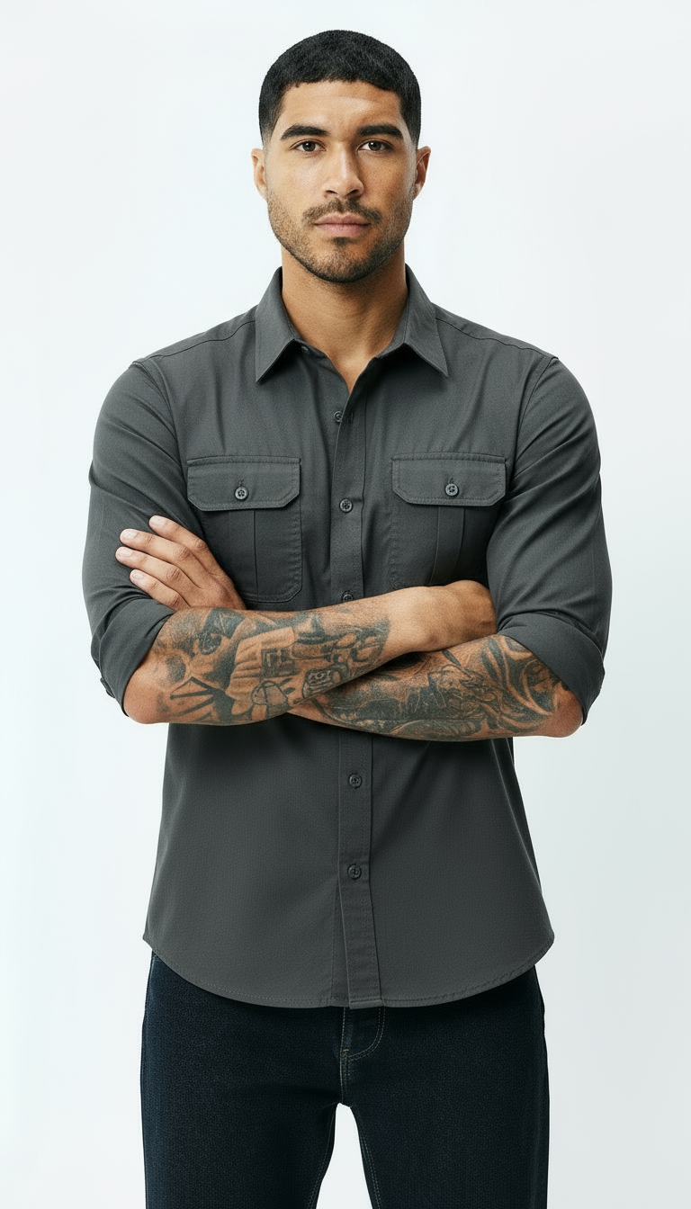 Men’s Utility Shirt – Classic Collar Button-Up with Flap Pockets | Textured Smart Casual Workwear