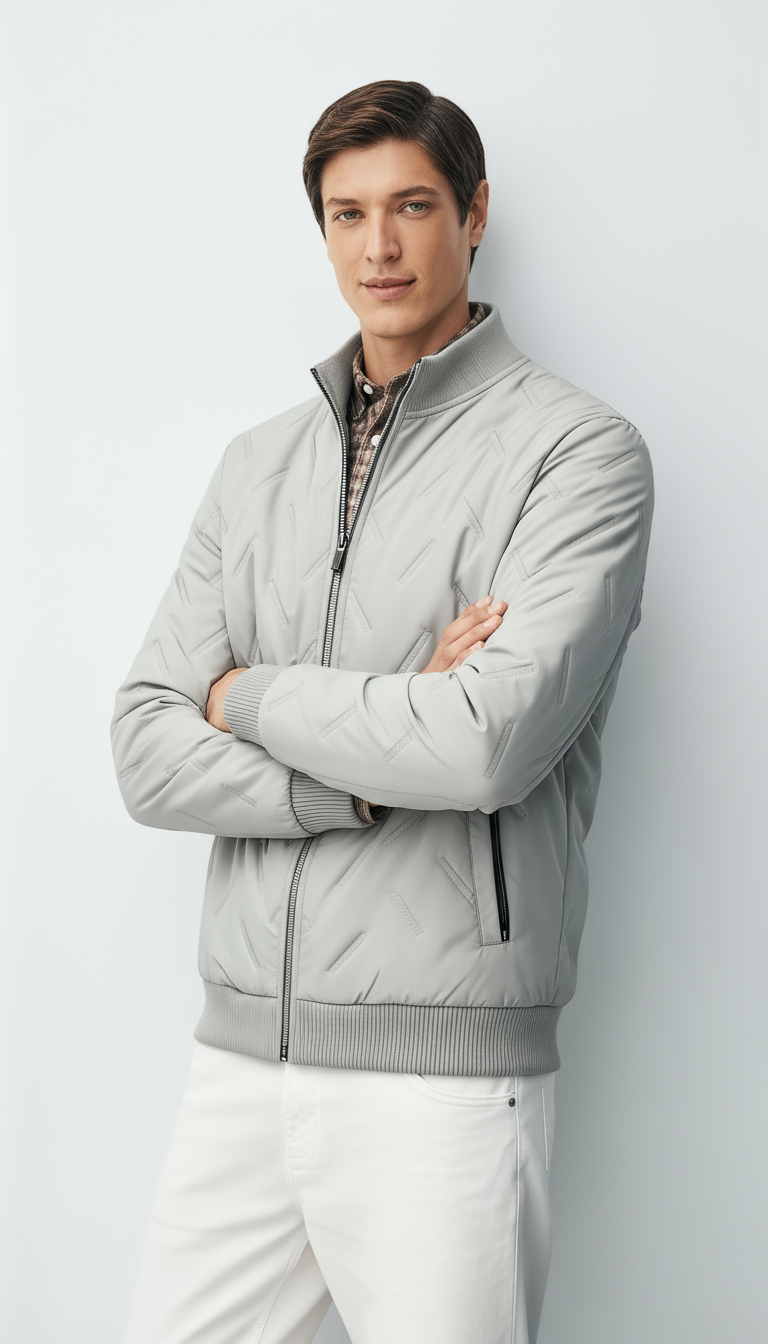 Men’s Woven Shell Bomber Jacket with Ribbed Stand Collar – Hip-Length Lightweight Fall Jacket