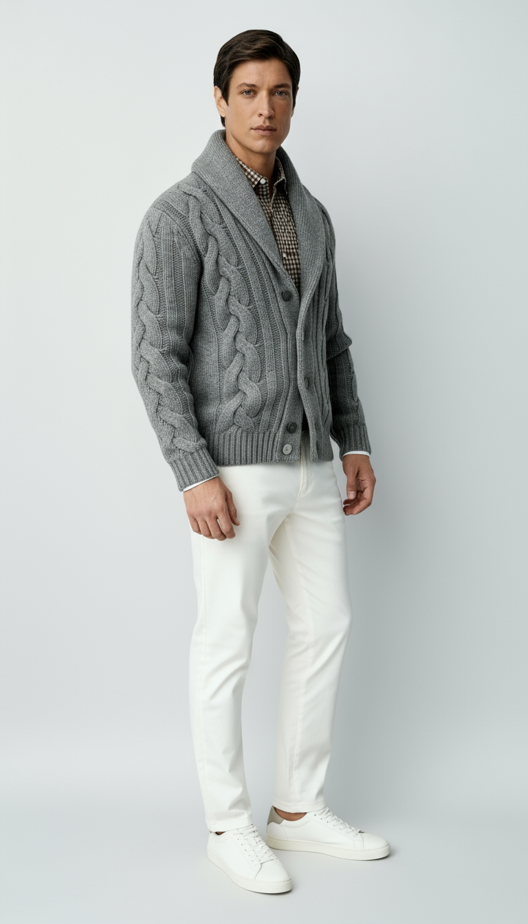 Herren Wollmischung Zopfmuster Strickcardigan – Schalkragen Knopfverschluss Pullover