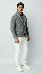 Herren Wollmischung Zopfmuster Strickcardigan – Schalkragen Knopfverschluss Pullover