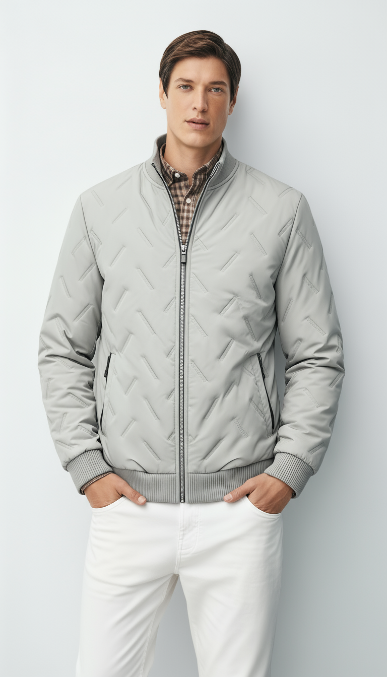 Men’s Woven Shell Bomber Jacket with Ribbed Stand Collar – Hip-Length Lightweight Fall Jacket