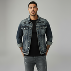 Herren-Graue Truckerjacke - Klassischer Denim-Stil mit Knopfleiste und Brusttaschen