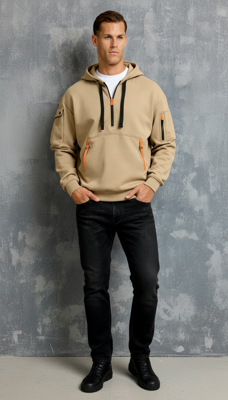 Herren-Hoodie mit Reißverschluss am Hals und mehreren Taschen – Lässiger, funktionaler Pullover