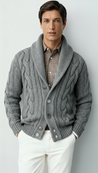 Herren Wollmischung Zopfmuster Strickcardigan – Schalkragen Knopfverschluss Pullover