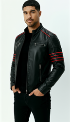 Chaqueta de piel negra para hombre - Chaqueta motera inspirada en Wolverine con detalles de rayas rojas