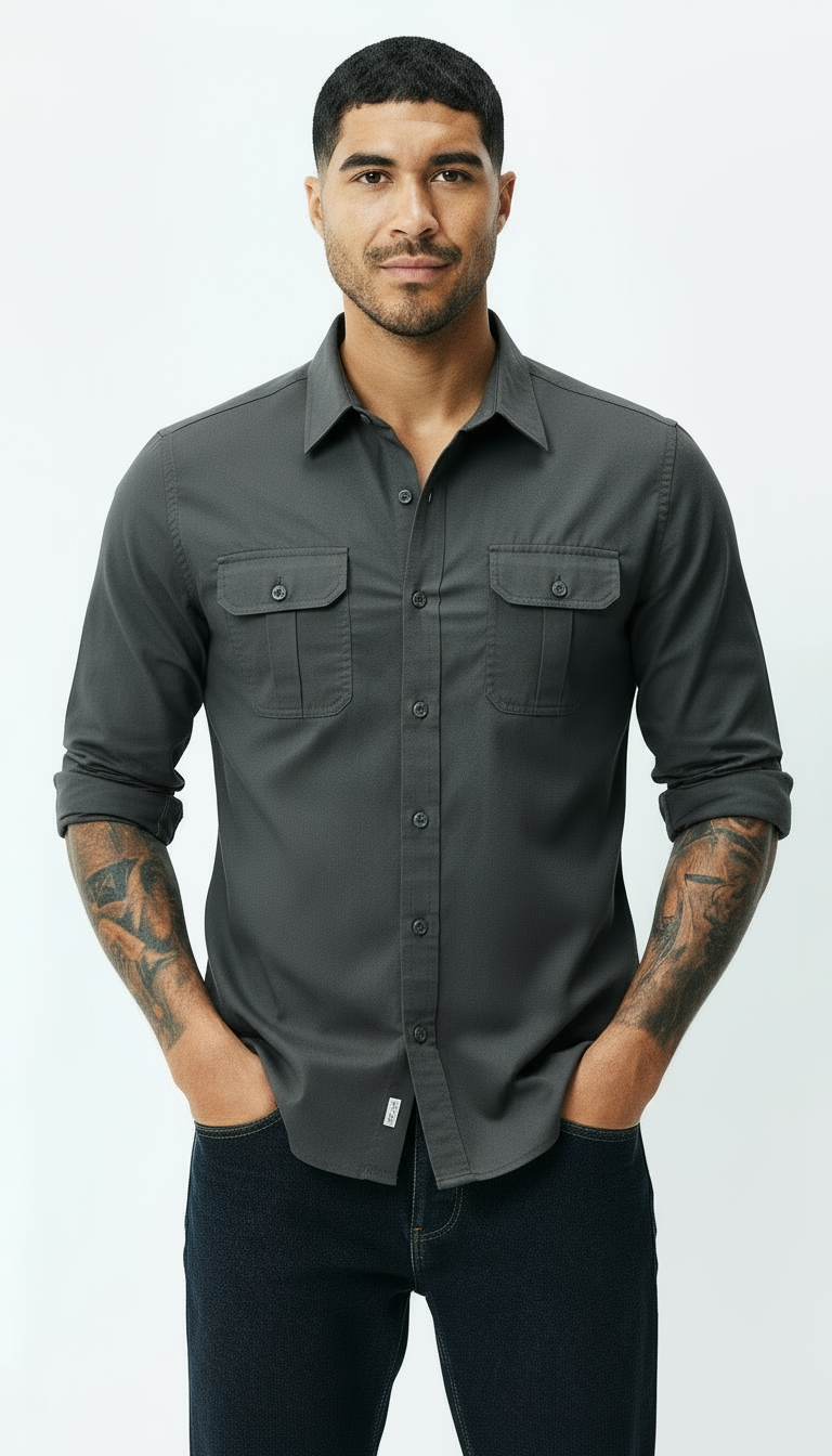 Men’s Utility Shirt – Classic Collar Button-Up with Flap Pockets | Textured Smart Casual Workwear